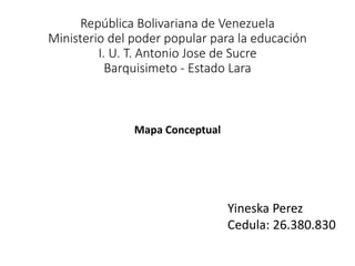 República Bolivariana de Venezuela
Ministerio del poder popular para la educación
I. U. T. Antonio Jose de Sucre
Barquisimeto - Estado Lara
Mapa Conceptual
Yineska Perez
Cedula: 26.380.830
 