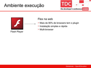 Ambiente execução Flash Player Mais de 90% de browsers tem o plugin Instalação simples e rápida Multi-browser Flex na web 