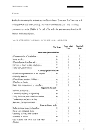 Mini-Research (MCFTL-005)
10
SCORING
Scoring involves assigning scores from 0 to 2 to the items. ‘Somewhat True’ is scored as 1.
Scoring of ‘Not True’ and ‘Certainly True’ varies with the items (see Table 1: Scoring
symptom scores on the SDQ for ). For each of the scales the score can range from 0 to 10,
when all items are completed.
TABLE 1: SCORING SYMPTOM SCORES ON THE SDQ FOR 4–17-YEAR-OLDS
Not True
Somewhat
True
Certainly
True
Emotional problems scale
Often complains of headaches… 0 1 2
Many worries… 0 1 2
Often unhappy, downhearted… 0 1 2
Nervous or clingy in new situations… 0 1 2
Many fears, easily scared 0 1 2
Conduct problems Scale
Often has temper tantrums or hot tempers 0 1 2
Generally obedient… 2 1 0
Often fights with other children… 0 1 2
Often lies or cheats 0 1 2
Steals from home, school or elsewhere 0 1 2
Hyperactivity scale
Restless, overactive… 0 1 2
Constantly fidgeting or squirming 0 1 2
Easily distracted, concentration wanders 0 1 2
Thinks things out before acting 2 1 0
Sees tasks through to the end… 2 1 0
Peer problems scale
Rather solitary, tends to play alone 0 1 2
Has at least one good friend 2 1 0
Generally liked by other children 2 1 0
Picked on or bullied… 0 1 2
Gets on better with adults than with other
children
0 1 2
 