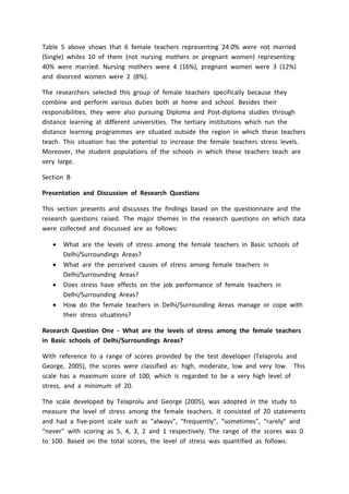 Table 5 above shows that 6 female teachers representing 24.0% were not married
(Single) whiles 10 of them (not nursing mothers or pregnant women) representing
40% were married. Nursing mothers were 4 (16%), pregnant women were 3 (12%)
and divorced women were 2 (8%).
The researchers selected this group of female teachers specifically because they
combine and perform various duties both at home and school. Besides their
responsibilities, they were also pursuing Diploma and Post-diploma studies through
distance learning at different universities. The tertiary institutions which run the
distance learning programmes are situated outside the region in which these teachers
teach. This situation has the potential to increase the female teachers stress levels.
Moreover, the student populations of the schools in which these teachers teach are
very large.
Section B
Presentation and Discussion of Research Questions
This section presents and discusses the findings based on the questionnaire and the
research questions raised. The major themes in the research questions on which data
were collected and discussed are as follows:
 What are the levels of stress among the female teachers in Basic schools of
Delhi/Surroundings Areas?
 What are the perceived causes of stress among female teachers in
Delhi/Surrounding Areas?
 Does stress have effects on the job performance of female teachers in
Delhi/Surrounding Areas?
 How do the female teachers in Delhi/Surrounding Areas manage or cope with
their stress situations?
Research Question One - What are the levels of stress among the female teachers
in Basic schools of Delhi/Surroundings Areas?
With reference to a range of scores provided by the test developer (Telaprolu and
George, 2005), the scores were classified as: high, moderate, low and very low. This
scale has a maximum score of 100, which is regarded to be a very high level of
stress, and a minimum of 20.
The scale developed by Telaprolu and George (2005), was adopted in the study to
measure the level of stress among the female teachers. It consisted of 20 statements
and had a five-point scale such as “always”, “frequently”, “sometimes”, “rarely” and
“never” with scoring as 5, 4, 3, 2 and 1 respectively. The range of the scores was 0
to 100. Based on the total scores, the level of stress was quantified as follows:
 
