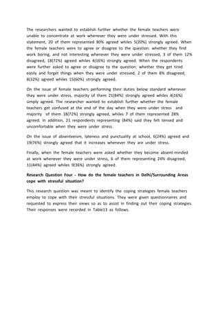 The researchers wanted to establish further whether the female teachers were
unable to concentrate at work whenever they were under stressed. With this
statement, 20 of them represented 80% agreed whiles 5(20%) strongly agreed. When
the female teachers were to agree or disagree to the question: whether they find
work boring, and not interesting whenever they were under stressed, 3 of them 12%
disagreed, 18(72%) agreed whiles 4(16%) strongly agreed. When the respondents
were further asked to agree or disagree to the question: whether they get tired
easily and forget things when they were under stressed, 2 of them 8% disagreed,
8(32%) agreed whiles 15(60%) strongly agreed.
On the issue of female teachers performing their duties below standard whenever
they were under stress, majority of them 21(84%) strongly agreed whiles 4(16%)
simply agreed. The researcher wanted to establish further whether the female
teachers get confused at the end of the day when they were under stress and
majority of them 18(72%) strongly agreed, whiles 7 of them represented 28%
agreed. In addition, 21 respondents representing (84%) said they felt tensed and
uncomfortable when they were under stress.
On the issue of absenteeism, lateness and punctuality at school, 6(24%) agreed and
19(76%) strongly agreed that it increases whenever they are under stress.
Finally, when the female teachers were asked whether they become absent-minded
at work whenever they were under stress, 6 of them representing 24% disagreed,
11(44%) agreed whiles 9(36%) strongly agreed.
Research Question Four - How do the female teachers in Delhi/Surrounding Areas
cope with stressful situation?
This research question was meant to identify the coping strategies female teachers
employ to cope with their stressful situations. They were given questionnaires and
requested to express their views so as to assist in finding out their coping strategies.
Their responses were recorded in Table13 as follows.
 