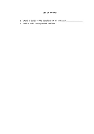 LIST OF FIGURES
1. Effects of stress on the personality of the individuals……………………………….
2. Level of stress among Female Teachers………………………………………………………
 