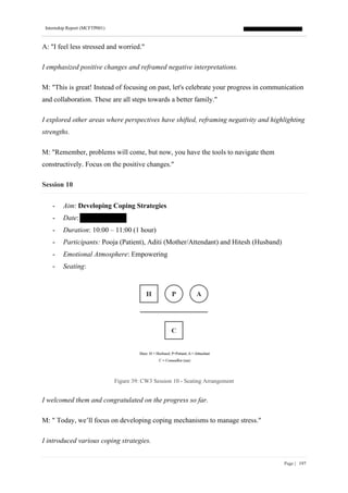 Internship Report (MCFTP001)
Page | 197
A: "I feel less stressed and worried."
I emphasized positive changes and reframed negative interpretations.
M: "This is great! Instead of focusing on past, let's celebrate your progress in communication
and collaboration. These are all steps towards a better family."
I explored other areas where perspectives have shifted, reframing negativity and highlighting
strengths.
M: "Remember, problems will come, but now, you have the tools to navigate them
constructively. Focus on the positive changes."
Session 10
- Aim: Developing Coping Strategies
- Date:
- Duration: 10:00 – 11:00 (1 hour)
- Participants: Pooja (Patient), Aditi (Mother/Attendant) and Hitesh (Husband)
- Emotional Atmosphere: Empowering
- Seating:
Figure 39: CW3 Session 10 - Seating Arrangement
I welcomed them and congratulated on the progress so far.
M: " Today, we’ll focus on developing coping mechanisms to manage stress."
I introduced various coping strategies.
 