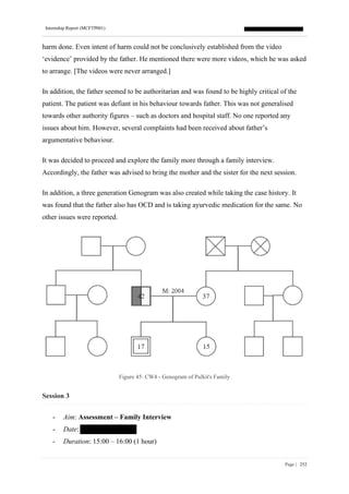 Internship Report (MCFTP001)
Page | 252
harm done. Even intent of harm could not be conclusively established from the video
‘evidence’ provided by the father. He mentioned there were more videos, which he was asked
to arrange. [The videos were never arranged.]
In addition, the father seemed to be authoritarian and was found to be highly critical of the
patient. The patient was defiant in his behaviour towards father. This was not generalised
towards other authority figures – such as doctors and hospital staff. No one reported any
issues about him. However, several complaints had been received about father’s
argumentative behaviour.
It was decided to proceed and explore the family more through a family interview.
Accordingly, the father was advised to bring the mother and the sister for the next session.
In addition, a three generation Genogram was also created while taking the case history. It
was found that the father also has OCD and is taking ayurvedic medication for the same. No
other issues were reported.
Figure 45: CW4 - Genogram of Pulkit's Family
Session 3
- Aim: Assessment – Family Interview
- Date:
- Duration: 15:00 – 16:00 (1 hour)
 