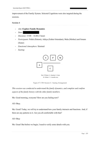 Internship Report (MCFTP001)
Page | 255
improvement of the Family System. Selected Cognitions were also targeted during the
sessions.
Session 4
- Aim: Explore Family Dynamics
- Date:
- Duration: 15:00 – 16:00 (1 hour)
- Participants: Pulkit (Patient), Aditya (Father/Attendant), Mala (Mother) and Sonam
(Sister)
- Emotional Atmosphere: Strained
- Seating:
Figure 47: CW4 Session 4 - Seating Arrangement
This session was conducted to understand the family dynamics, and complete and confirm
aspects of the family history with the other family members.
Me: Good morning, everyone! How are you feeling now?
All: Okay.
Me: Good! Today, we will try to understand how your family interacts and functions. And, if
there are any patterns to it. Are you all comfortable with that?
All: Okay
Me: Great! But before we begin, I need to verify some details with you.
 