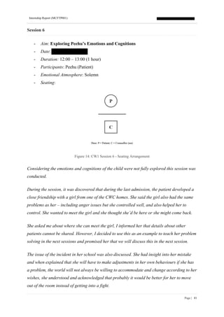 Internship Report (MCFTP001)
Page | 81
Session 6
- Aim: Exploring Peehu’s Emotions and Cognitions
- Date:
- Duration: 12:00 – 13:00 (1 hour)
- Participants: Peehu (Patient)
- Emotional Atmosphere: Solemn
- Seating:
Figure 14: CW1 Session 6 - Seating Arrangement
Considering the emotions and cognitions of the child were not fully explored this session was
conducted.
During the session, it was discovered that during the last admission, the patient developed a
close friendship with a girl from one of the CWC homes. She said the girl also had the same
problems as her – including anger issues but she controlled well, and also helped her to
control. She wanted to meet the girl and she thought she’d be here or she might come back.
She asked me about where she can meet the girl, I informed her that details about other
patients cannot be shared. However, I decided to use this as an example to teach her problem
solving in the next sessions and promised her that we will discuss this in the next session.
The issue of the incident in her school was also discussed. She had insight into her mistake
and when explained that she will have to make adjustments in her own behaviours if she has
a problem, the world will not always be willing to accommodate and change according to her
wishes, she understood and acknowledged that probably it would be better for her to move
out of the room instead of getting into a fight.
 