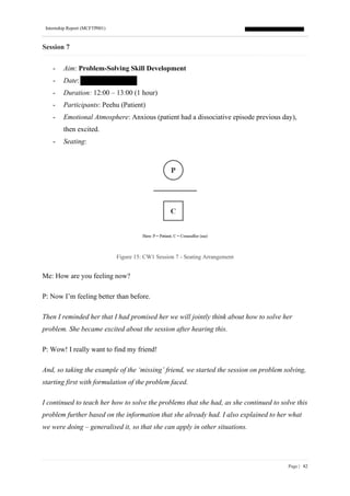 Internship Report (MCFTP001)
Page | 82
Session 7
- Aim: Problem-Solving Skill Development
- Date:
- Duration: 12:00 – 13:00 (1 hour)
- Participants: Peehu (Patient)
- Emotional Atmosphere: Anxious (patient had a dissociative episode previous day),
then excited.
- Seating:
Figure 15: CW1 Session 7 - Seating Arrangement
Me: How are you feeling now?
P: Now I’m feeling better than before.
Then I reminded her that I had promised her we will jointly think about how to solve her
problem. She became excited about the session after hearing this.
P: Wow! I really want to find my friend!
And, so taking the example of the ‘missing’ friend, we started the session on problem solving,
starting first with formulation of the problem faced.
I continued to teach her how to solve the problems that she had, as she continued to solve this
problem further based on the information that she already had. I also explained to her what
we were doing – generalised it, so that she can apply in other situations.
 