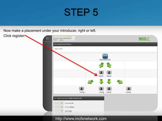 STEP 5
Now make a placement under your introducer, right or left.
Click register.




                                http://www.mcfxnetwork.com
 