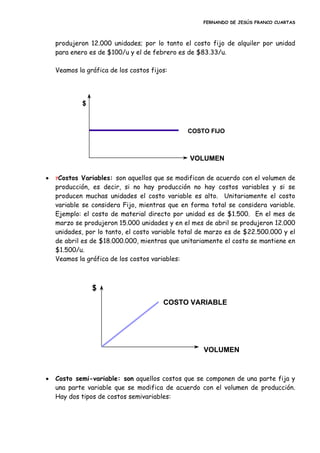 FERNANDO DE JESÚS FRANCO CUARTAS
produjeron 12.000 unidades; por lo tanto el costo fijo de alquiler por unidad
para enero es de $100/u y el de febrero es de $83.33/u.
Veamos la gráfica de los costos fijos:
 7Costos Variables: son aquellos que se modifican de acuerdo con el volumen de
producción, es decir, si no hay producción no hay costos variables y si se
producen muchas unidades el costo variable es alto. Unitariamente el costo
variable se considera Fijo, mientras que en forma total se considera variable.
Ejemplo: el costo de material directo por unidad es de $1.500. En el mes de
marzo se produjeron 15.000 unidades y en el mes de abril se produjeron 12.000
unidades, por lo tanto, el costo variable total de marzo es de $22.500.000 y el
de abril es de $18.000.000, mientras que unitariamente el costo se mantiene en
$1.500/u.
Veamos la gráfica de los costos variables:
 Costo semi-variable: son aquellos costos que se componen de una parte fija y
una parte variable que se modifica de acuerdo con el volumen de producción.
Hay dos tipos de costos semivariables:
$
VOLUMEN
COSTO FIJO
$
VOLUMEN
COSTO FIJO
$
VOLUMEN
COSTO VARIABLE
$
VOLUMEN
COSTO VARIABLE
 
