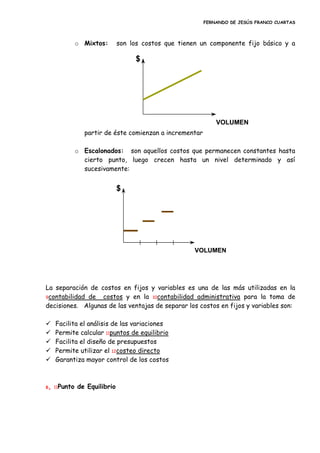 FERNANDO DE JESÚS FRANCO CUARTAS
o Mixtos: son los costos que tienen un componente fijo básico y a
partir de éste comienzan a incrementar
o Escalonados: son aquellos costos que permanecen constantes hasta
cierto punto, luego crecen hasta un nivel determinado y así
sucesivamente:
La separación de costos en fijos y variables es una de las más utilizadas en la
9contabilidad de costos y en la 10contabilidad administrativa para la toma de
decisiones. Algunas de las ventajas de separar los costos en fijos y variables son:
 Facilita el análisis de las variaciones
 Permite calcular 11puntos de equilibrio
 Facilita el diseño de presupuestos
 Permite utilizar el 12costeo directo
 Garantiza mayor control de los costos
6, 11Punto de Equilibrio
VOLUMEN
$
VOLUMEN
$
VOLUMEN
$
VOLUMEN
$
 