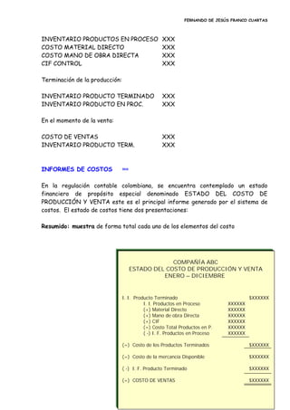 FERNANDO DE JESÚS FRANCO CUARTAS
INVENTARIO PRODUCTOS EN PROCESO XXX
COSTO MATERIAL DIRECTO XXX
COSTO MANO DE OBRA DIRECTA XXX
CIF CONTROL XXX
Terminación de la producción:
INVENTARIO PRODUCTO TERMINADO XXX
INVENTARIO PRODUCTO EN PROC. XXX
En el momento de la venta:
COSTO DE VENTAS XXX
INVENTARIO PRODUCTO TERM. XXX
INFORMES DE COSTOS inicio
En la regulación contable colombiana, se encuentra contemplado un estado
financiero de propósito especial denominado ESTADO DEL COSTO DE
PRODUCCIÓN Y VENTA este es el principal informe generado por el sistema de
costos. El estado de costos tiene dos presentaciones:
Resumido: muestra de forma total cada uno de los elementos del costo
I. I. Producto Terminado $XXXXXX
I. I. Productos en Proceso XXXXXX
(+) Material Directo XXXXXX
(+) Mano de obra Directa XXXXXX
(+) CIF XXXXXX
(=) Costo Total Productos en P. XXXXXX
( -) I. F. Productos en Proceso XXXXXX
(=) Costo de los Productos Terminados $XXXXXX
(=) Costo de la mercancía Disponible $XXXXXX
( -) I. F. Producto Terminado $XXXXXX
(=) COSTO DE VENTAS $XXXXXX
COMPAÑÍA ABC
ESTADO DEL COSTO DE PRODUCCIÓN Y VENTA
ENERO – DICIEMBRE
 