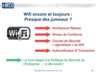 Wifi encore et toujours : 
Presque des jumeaux ? 
Architecture Réseau 
Niveau de Confiance 
Couche de Sécurité 
« agnostique » au Wifi 
Authentification & Transaction 
Le tout intégré à la Politique de Sécurité de 
l’Entreprise … si elle existe ! 
©Copyright Matias Consulting Group sprl - 2014 30. 
 
