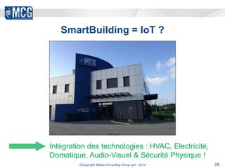 SmartBuilding = IoT ? 
Intégration des technologies : HVAC, Electricité, 
Domotique, Audio-Visuel & Sécurité Physique ! 
©Copyright Matias Consulting Group sprl - 2014 34. 
 