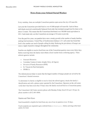 MCGARY MIDDLE SCHOOL NEWSLETTERDecember 2015
News from your School Social Worker
 