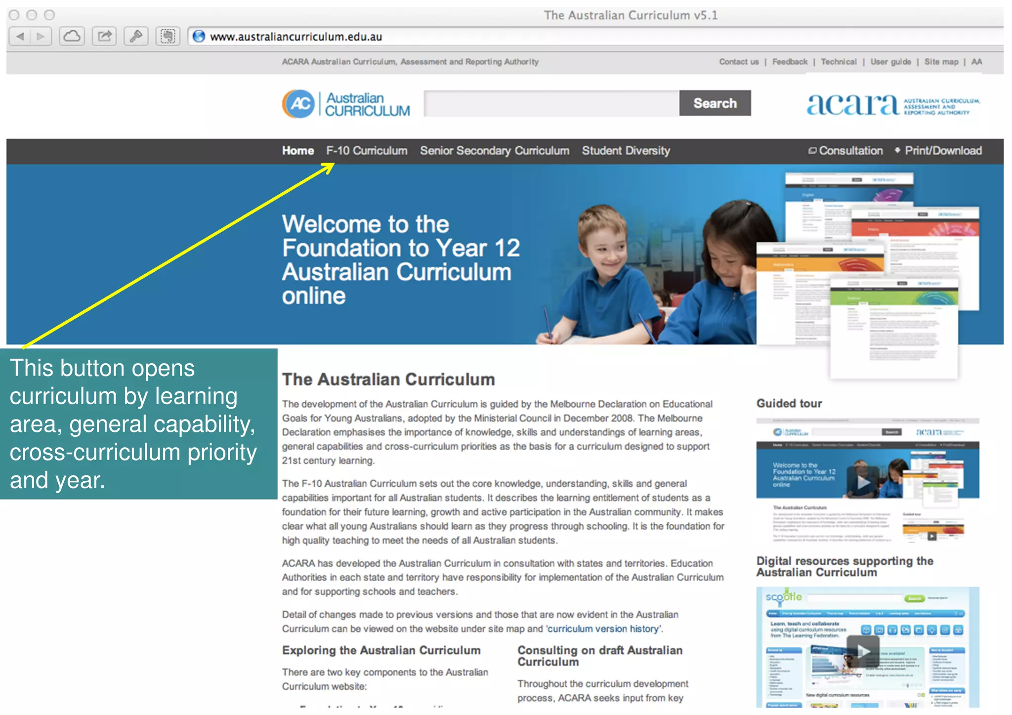 This button opens
curriculum by learning
area, general capability,
cross-curriculum priority
and year.
 