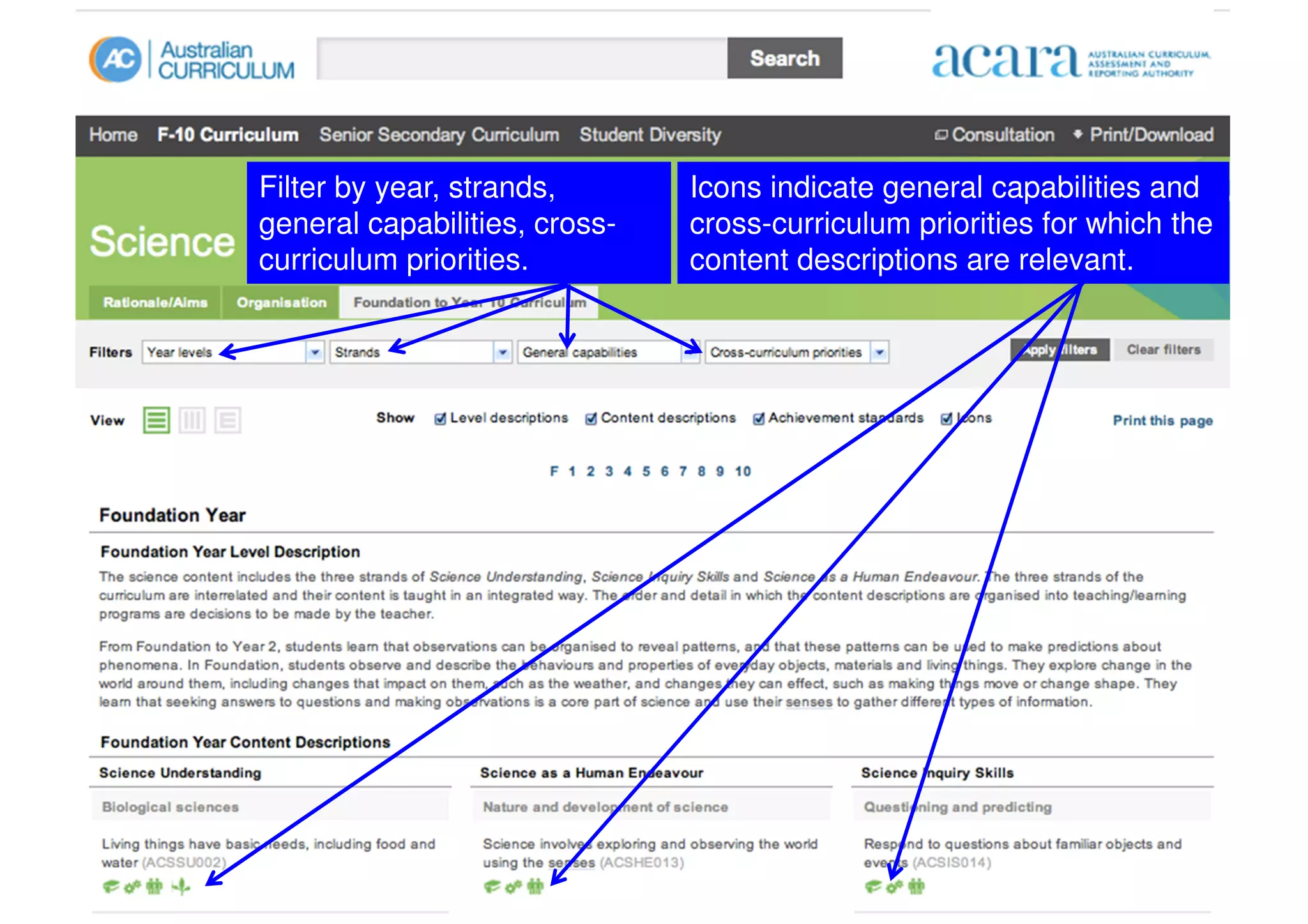 Icons indicate general capabilities and
cross-curriculum priorities for which the
content descriptions are relevant.
Filter by year, strands,
general capabilities, cross-
curriculum priorities.
 