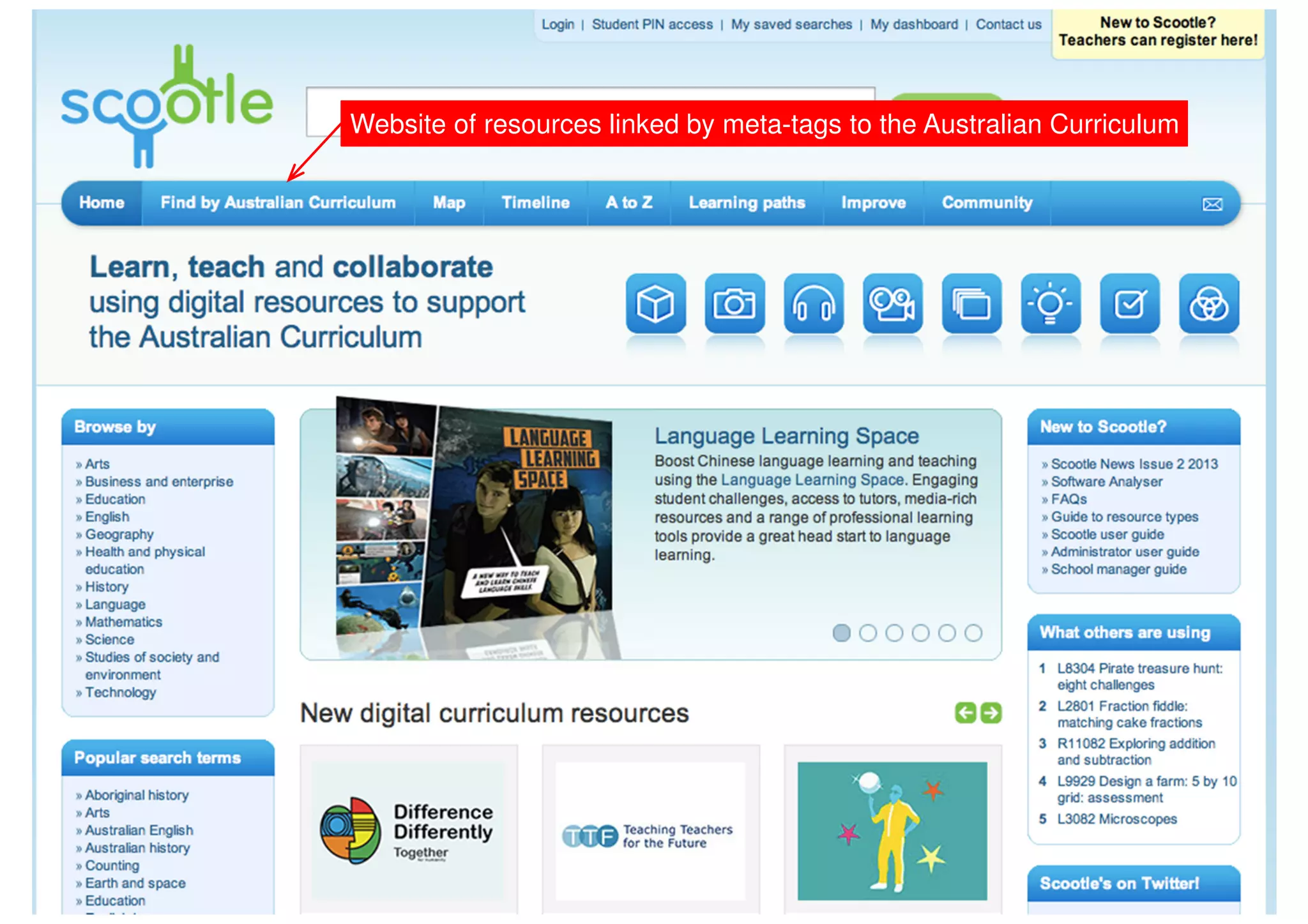 Website of resources linked by meta-tags to the Australian Curriculum
 