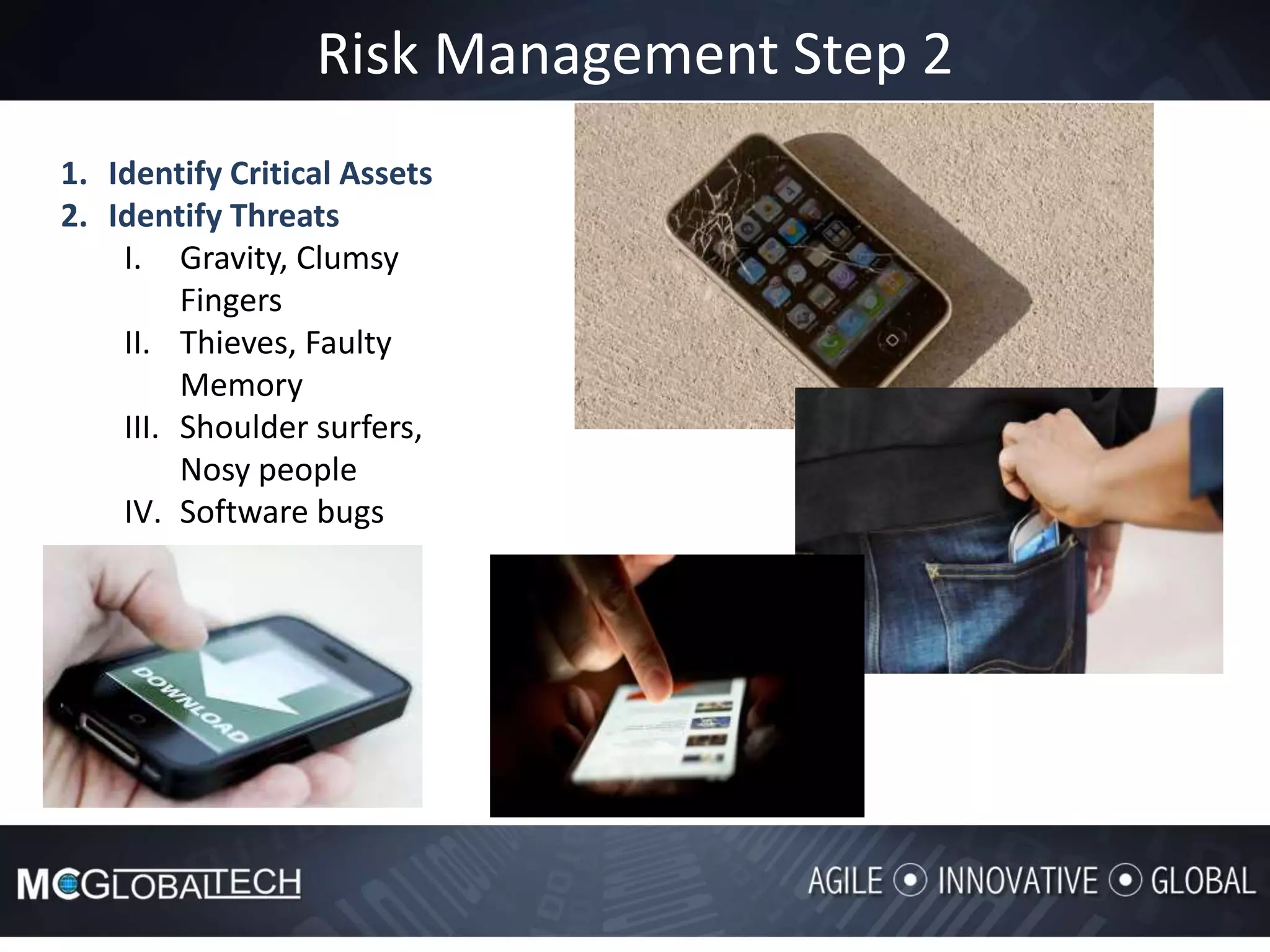 Risk Management Step 2
1. Identify Critical Assets
2. Identify Threats
I. Gravity, Clumsy
Fingers
II. Thieves, Faulty
Memory
III. Shoulder surfers,
Nosy people
IV. Software bugs
 