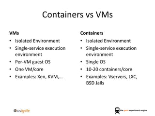 Containers vs VMs
VMs
• Isolated Environment
• Single-service execution
environment
• Per-VM guest OS
• One VM/core
• Examples: Xen, KVM,…
Containers
• Isolated Environment
• Single-service execution
environment
• Single OS
• 10-20 containers/core
• Examples: Vservers, LXC,
BSD Jails
 