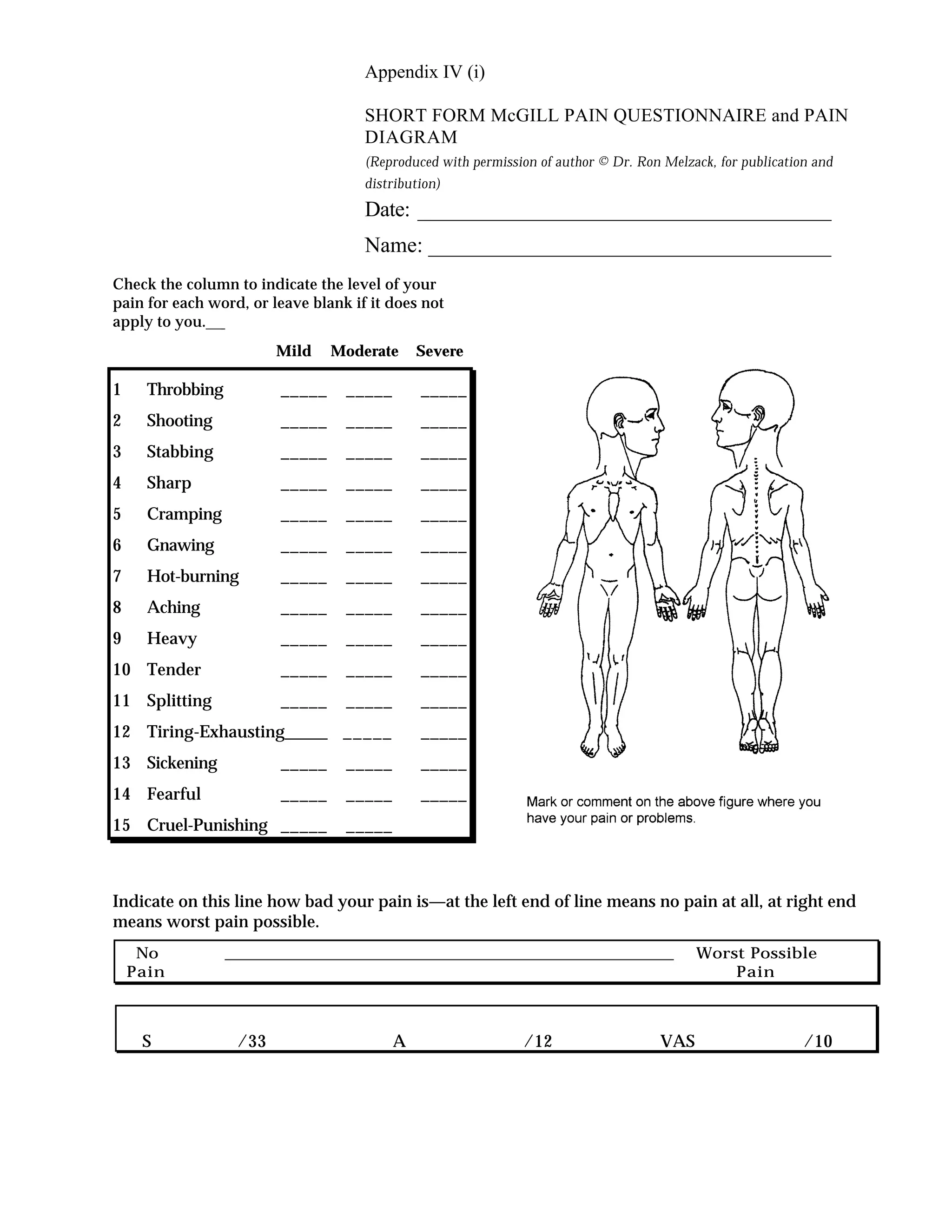 Appendix IV (i)
SHORT FORM McGILL PAIN QUESTIONNAIRE and PAIN
DIAGRAM
(Reproduced with permission of author © Dr. Ron Melzack, for publication and
distribution)
Date: ______________________________________
Name: _____________________________________
Check the column to indicate the level of your
pain for each word, or leave blank if it does not
apply to you.
Mild Moderate Severe
1 Throbbing _____ _____ _____
2 Shooting _____ _____ _____
3 Stabbing _____ _____ _____
4 Sharp _____ _____ _____
5 Cramping _____ _____ _____
6 Gnawing _____ _____ _____
7 Hot-burning _____ _____ _____
8 Aching _____ _____ _____
9 Heavy _____ _____ _____
10 Tender _____ _____ _____
11 Splitting _____ _____ _____
12 Tiring-Exhausting_____ _____ _____
13 Sickening _____ _____ _____
14 Fearful _____ _____ _____
15 Cruel-Punishing _____ _____
Indicate on this line how bad your pain is—at the left end of line means no pain at all, at right end
means worst pain possible.
No ________________________________________________ Worst Possible
Pain Pain
S /33 A /12 VAS /10