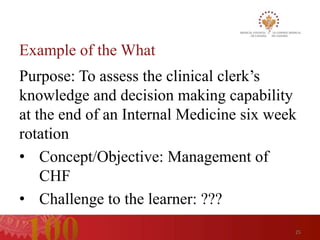 Example of the What
Purpose: To assess the clinical clerk’s
knowledge and decision making capability
at the end of an Internal Medicine six week
rotation
• Concept/Objective: Management of
    CHF
• Challenge to the learner: ???
                                          25
 
