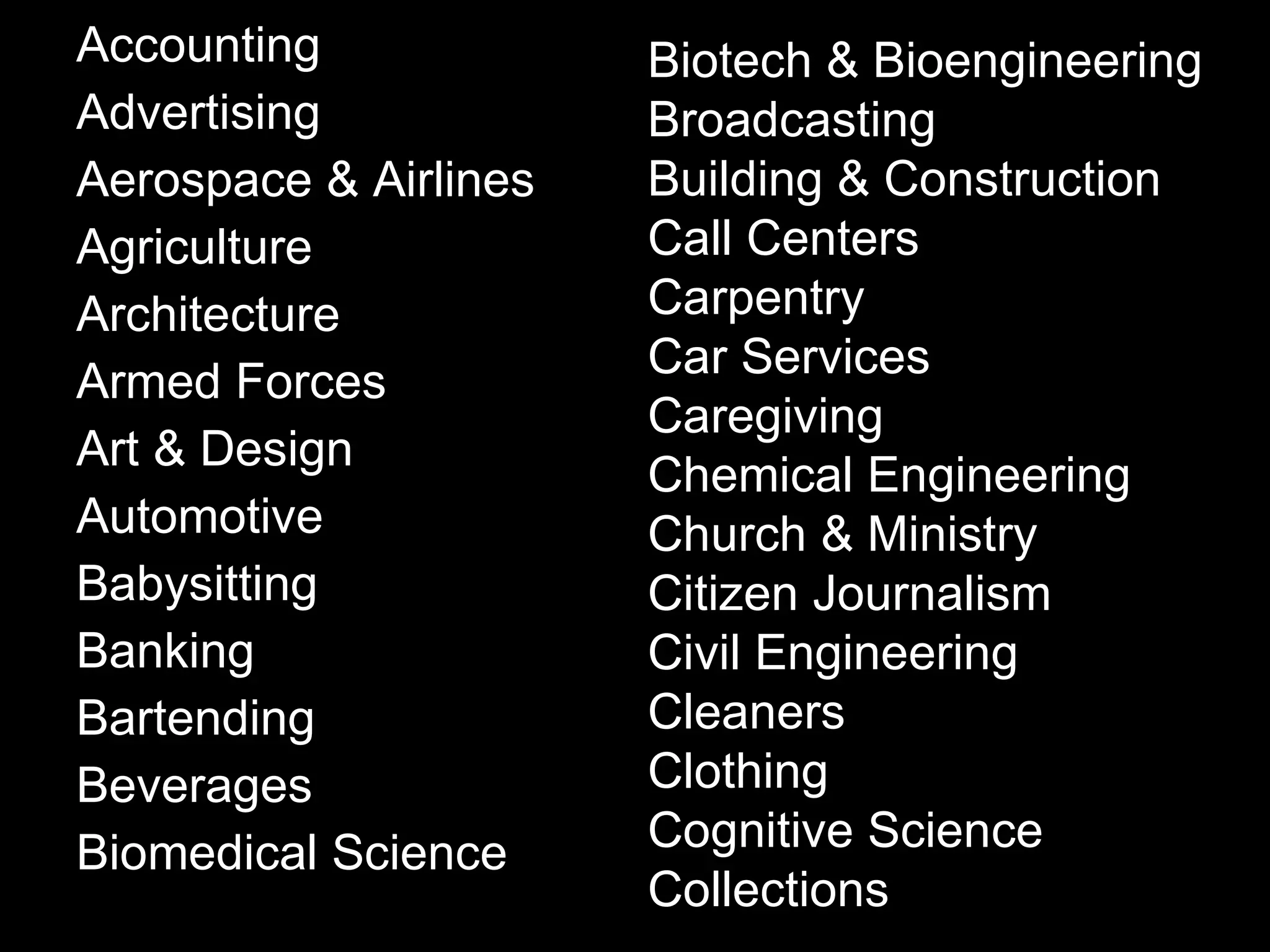 Accounting Advertising Aerospace & Airlines Agriculture Architecture Armed Forces Art & Design Automotive Babysitting Banking Bartending  Beverages Biomedical Science Biotech & Bioengineering Broadcasting Building & Construction Call Centers Carpentry Car Services Caregiving Chemical Engineering Church & Ministry Citizen Journalism Civil Engineering Cleaners Clothing Cognitive Science Collections 