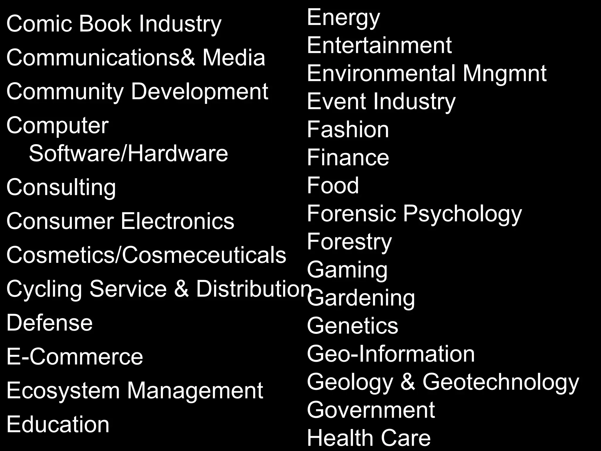 Comic Book Industry Communications& Media Community Development Computer Software/Hardware Consulting Consumer Electronics Cosmetics/Cosmeceuticals Cycling Service & Distribution Defense E-Commerce Ecosystem Management Education Energy Entertainment Environmental Mngmnt Event Industry Fashion Finance Food Forensic Psychology Forestry Gaming Gardening Genetics Geo-Information Geology & Geotechnology Government Health Care 