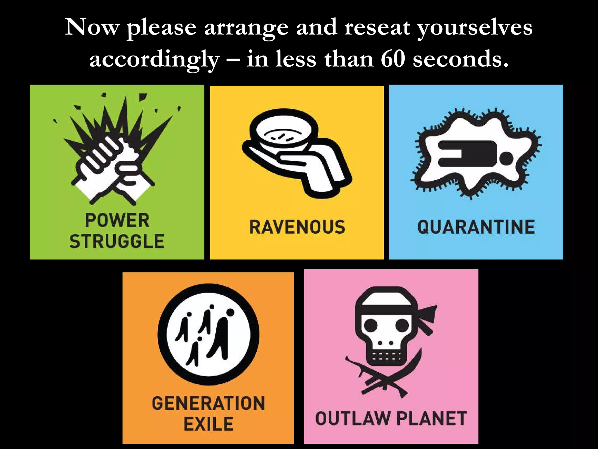 Now please arrange and reseat yourselves accordingly – in less than 60 seconds. 