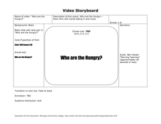Video Storyboard
Name of video: “Who are the                  Description of this scene: Who are the Hungry –
hungry?”                                     Slow intro with words fading in and music
                                                                                                                   Screen 1 of
Background: Black                                                                                                           Narration:

Black slide with slow pan in
                                                                    Screen size: TBD
“Who are the Hungry?”
                                                                     16:9, 4:3, 3:2


Color/Type/Size of Font:

Color TBD/Impact/36


Actual text:
                                                                                                                            Audio: Ben Harper
Who are the Hungry?
                                                     Who are the Hungry?                                                    “Morning Yearning”
                                                                                                                            (approximately 30
                                                                                                                            seconds or less)




                                               (Sketch screen here noting color, place, size of graphics if any)



Transition to next clip: Fade to black

Animation: TBD

Audience Interaction: N/A




Inspiration for this document: Maricopa Community College. http://www.mcli.dist.maricopa.edu/authoring/studio/index.html
 