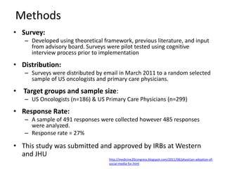 Methods
• Survey:
   – Developed using theoretical framework, previous literature, and input
     from advisory board. Surveys were pilot tested using cognitive
     interview process prior to implementation
• Distribution:
   – Surveys were distributed by email in March 2011 to a random selected
     sample of US oncologists and primary care physicians.
• Target groups and sample size:
   – US Oncologists (n=186) & US Primary Care Physicians (n=299)
• Response Rate:
   – A sample of 491 responses were collected however 485 responses
     were analyzed.
   – Response rate = 27%

• This study was submitted and approved by IRBs at Western
  and JHU
                                   http://medicine20congress.blogspot.com/2011/08/physician-adoption-of-
                                   social-media-for.html
 