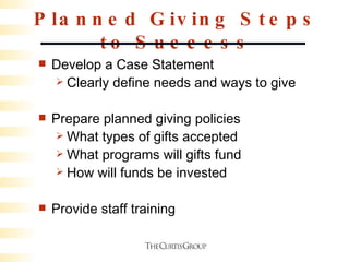 Planned Giving Steps to Success Develop a Case Statement Clearly define needs and ways to give Prepare planned giving policies What types of gifts accepted What programs will gifts fund How will funds be invested Provide staff training 