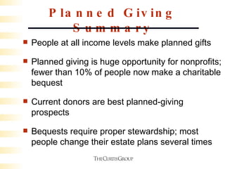 Planned Giving Summary People at all income levels make planned gifts Planned giving is huge opportunity for nonprofits; fewer than 10% of people now make a charitable bequest Current donors are best planned-giving prospects Bequests require proper stewardship; most people change their estate plans several times 