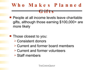 Who Makes Planned Gifts People at all income levels leave charitable gifts, although those earning $100,000+ are more likely Those closest to you: Consistent donors Current and former board members Current and former volunteers Staff members 