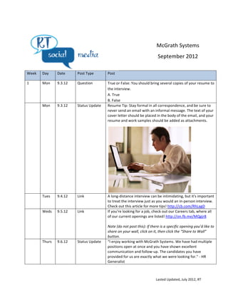  



                                                                                                              McGrath	
  Systems	
  
                                                                                                               September	
  2012	
  

                                                                      	
  
Week	
     Day	
       Date	
       Post	
  Type	
         Post	
  

1	
        Mon	
       9.3.12	
     Question	
             True	
  or	
  False:	
  You	
  should	
  bring	
  several	
  copies	
  of	
  your	
  resume	
  to	
  
                                                           the	
  interview.	
  
                                                           A.	
  True	
  
                                                           B.	
  False	
  
	
         Mon	
       9.3.12	
     Status	
  Update	
     Resume	
  Tip:	
  Stay	
  formal	
  in	
  all	
  correspondence,	
  and	
  be	
  sure	
  to	
  
                                                           never	
  send	
  an	
  email	
  with	
  an	
  informal	
  message.	
  The	
  text	
  of	
  your	
  
                                                           cover	
  letter	
  should	
  be	
  placed	
  in	
  the	
  body	
  of	
  the	
  email,	
  and	
  your	
  
                                                           resume	
  and	
  work	
  samples	
  should	
  be	
  added	
  as	
  attachments.	
  




                                                                                                                                               	
  
	
         Tues	
      9.4.12	
     Link	
                 A	
  long-­‐distance	
  interview	
  can	
  be	
  intimidating,	
  but	
  it's	
  important	
  
                                                           to	
  treat	
  the	
  interview	
  just	
  as	
  you	
  would	
  an	
  in-­‐person	
  interview.	
  
                                                           Check	
  out	
  this	
  article	
  for	
  more	
  tips!	
  http://cb.com/RhLagD	
  	
  
	
         Weds	
      9.5.12	
     Link	
                 If	
  you're	
  looking	
  for	
  a	
  job,	
  check	
  out	
  our	
  Careers	
  tab,	
  where	
  all	
  
                                                           of	
  our	
  current	
  openings	
  are	
  listed!	
  http://on.fb.me/MQgjr8	
  	
  	
  
                                                           	
  
                                                           Note	
  (do	
  not	
  post	
  this):	
  If	
  there	
  is	
  a	
  specific	
  opening	
  you’d	
  like	
  to	
  
                                                           share	
  on	
  your	
  wall,	
  click	
  on	
  it,	
  then	
  click	
  the	
  “Share	
  to	
  Wall”	
  
                                                           button.	
  
	
         Thurs	
     9.6.12	
     Status	
  Update	
     “I	
  enjoy	
  working	
  with	
  McGrath	
  Systems.	
  We	
  have	
  had	
  multiple	
  
                                                           positions	
  open	
  at	
  once	
  and	
  you	
  have	
  shown	
  excellent	
  
                                                           communication	
  and	
  follow-­‐up.	
  The	
  candidates	
  you	
  have	
  
                                                           provided	
  for	
  us	
  are	
  exactly	
  what	
  we	
  were	
  looking	
  for."	
  -­‐	
  HR	
  
                                                           Generalist	
  



                                                                                                             Lasted	
  Updated,	
  July	
  2012,	
  RT	
  
 