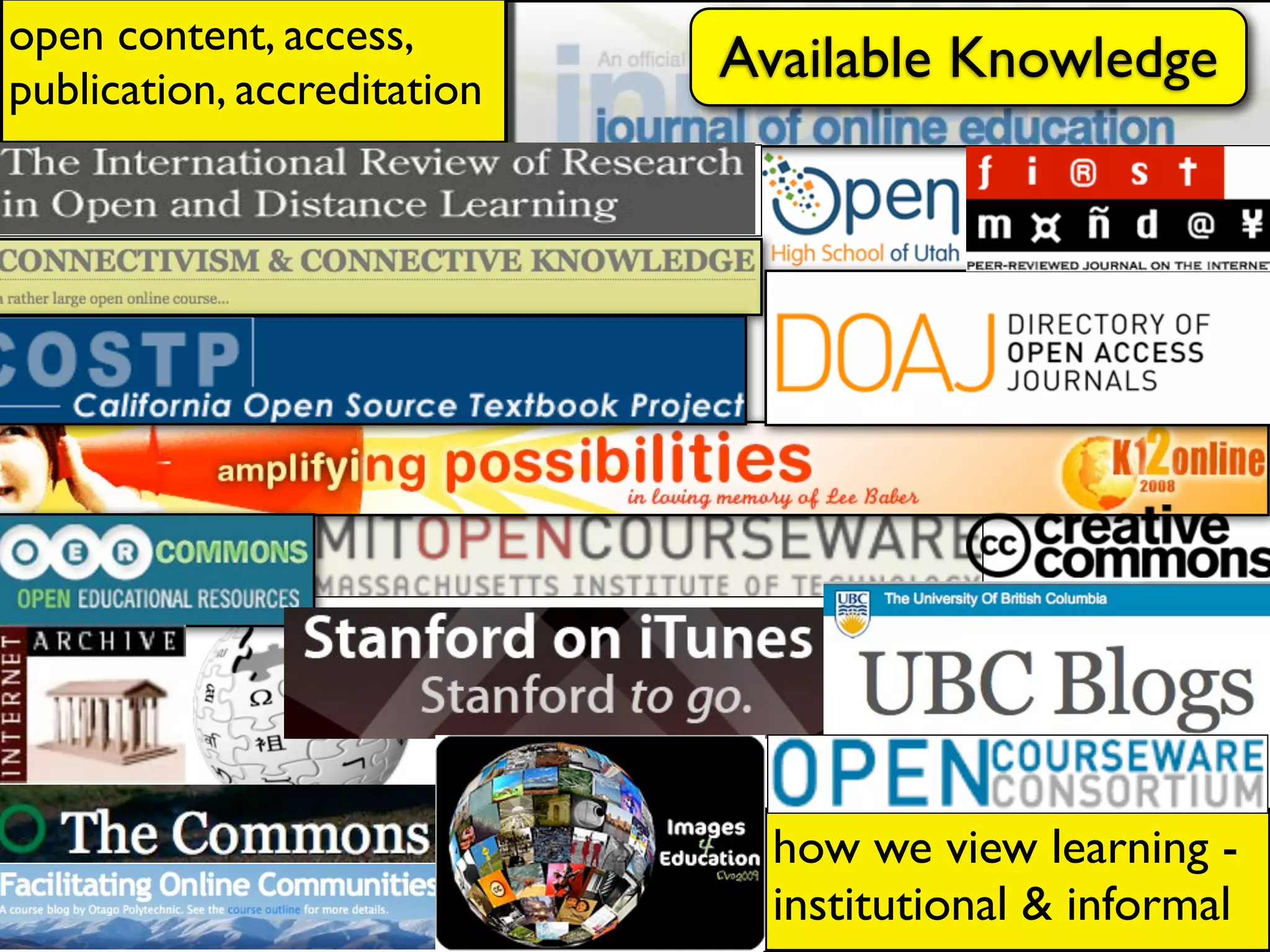 open content, access,
publication, accreditation
                             Available Knowledge




                               how we view learning -
                               institutional & informal
 