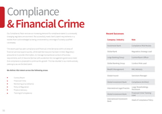 10
Our Compliance Team services an increasing demand for compliance talent in a constantly
changing regulatory environment. We successfully meet client’s talent requirements in a
market that is acknowledged as being constrained by a shortage of suitably qualified
candidates.
The recent past has seen compliance and financial crime demands within all areas of
financial services expand quickly, whilst talented resource has been limited. Regulatory
pressures to (i) provide information, (ii) manage transactional conduct of business
requirements and (iii) become familiar with prudential risk management governance mean
that compliance is projected to continue this growth. This has resulted in our clients actively
seeking to secure the best talent.
We deliver this talent across the following areas:
	 Control Room 
	 Financial Crime
	 Monitoring  Surveillance
	 Policy  Regulation
	 Product Advisory
	 Training  Competence
Recent Successes
Company / Industry Role
Investment Bank Complaince Risk Review
Global Bank Regulatory Strategy Lead
Large Banking Group Control Room Officer
Global Banking Group Conduct Risk Lead
Wealth Management AML Advisory
Global Insurer Sanctions Manager
Global Investment Bank Compliance Architect
International Legal Practice
Large Shareholdings
Disclosure
Global Investment Bank
Financial Crime Training
Lead
International Investment
Bank
Head of Compliance Policy
Compliance
FinancialCrime
 
