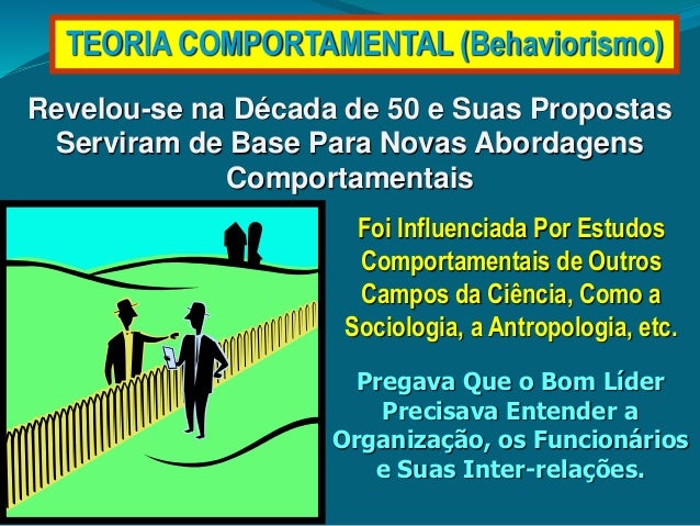 TEORIA COMPORTAMENTAL (Behaviorismo)
Revelou-se na Década de 50 e Suas Propostas
Serviram de Base Para Novas Abordagens
Co...