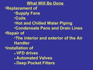 What Will Be Done  Replacement of  Supply Fans Coils Hot and Chilled Water Piping Condensate Pans and Drain Lines Repair of The interior and exterior of the Air Handler Installation of ●   VFD drives ●   Automated Valves ●   Deep Pocket Filters 