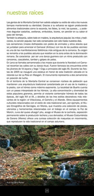nuestras raíces
Las gentes de la Montaña Central han sabido adaptar su estilo de vida a los nuevos
tiempos manteniendo su identidad. Gracias a su esfuerzo se siguen produciendo
alimentos tradicionales como la escanda, les fabes, la miel, los quesos... y pode-
mos degustar castañas, avellanas, embutidos, licores, sin percibir en su sabor el
paso del tiempo.
También la artesanía, sobre todo en madera, la arquitectura popular, los mitos y tradi-
ciones, la canción popular, han sido conservados con celo hasta nuestros días.
Los zamarrones (mozos disfrazados con pieles de animales y otros atavíos que
se juntaban para amenizar el Carnaval (Antroxu) con los de los pueblos vecinos)
es una de las manifestaciones folklóricas más antiguas de la comarca. Su origen
se remonta a los pueblos astures que residían en la zona antes de la dominación
romana. Se caracteriza por ser una danza guerrera con un ritmo producido con
cencerros, cascabeles, tambor y golpes de palos.
En Lena se llamaba zamarronada a los mozos que durante la Navidad o el Carna-
val recorrían las calles con su danza ritual. Fueron famosos los encuentros entre
los jóvenes de Vil.layana y Vega´l Ciigu a principios del siglo XX. Durante las fies-
tas de 2005 se inauguró una estatua en honor de esta tradición ubicada en la
rotonda sur de La Pola en Masgaín. El monumento representa a dos zamarrones
en posición de lucha.
En el territorio de la Montaña Central se conservan núcleos de población que
mantienen una arquitectura tradicional caracterizada por el uso de la madera y
la piedra, con el hórreo como máximo exponente. La localidad de Bueño cuenta
con un paseo interpretado de los hórreos. La alta concentración y diversidad de
estos populares graneros, permite al visitante contemplar hórreos de todas las
épocas, del siglo XVI al XX, y detalles de los tres estilos decorativos más rele-
vantes de la región: el Villaviciosa, el Carreño y el Allande. Otros equipamientos
culturales relacionados con el estilo de vida tradicional son, por ejemplo, el Mu-
seo Etnográfico de Gal.legos, en Mieres, que muestra una colección de piezas,
utensilios y herramientas relacionadas con el trabajo en el campo; la Foz de
Morcín, cuna del queso afuega’l pitu, acoge el Museo de la Lechería, exposición
permanente sobre la producción lechera y sus derivados; el Museo Costumbrista
de Cenera (Mieres) ofrece una curiosa colección de maquetas en movimiento,
que reproducen la vida tradicional en el campo asturiano.




Ruta de Llano-Pomar



                                          25
 