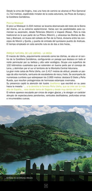 Desde la cima del Angliru, tras una hora de camino se alcanza el Pico Gamonal
(1.712 metros), espléndido mirador de la costa asturiana, los Picos de Europa y
la Cordillera Cantábrica.

Pico La Mostayal
El pico La Mostayal (1.034 metros) se levanta desmarcado del resto de la Sierra
del Aramo, en su extremo septentrional. Varias son las posibilidades para co-
menzar su ascensión, desde Peñerúes (Morcín) o Viapará (Riosa). Pero la más
tradicional es la que parte de La Piñera (Morcín), y atraviesa las Brañas de Bo-
bies y Brañacé, en busca del collado de Pan de la Forcá, divisoria entre los con-
cejos de Morcín y Quirós, y puerta de entrada del quirosano puerto de Andruas.
El tiempo empleado en esta sencilla ruta es de dos a tres horas.


PARQUE NATURAL DE LAS UBIÑAS - LA MESA
El macizo de Ubiña, popularmente conocido como las Ubiñas, se alza en el cen-
tro de la Cordillera Cantábrica, configurando un paisaje que destaca en todo el
norte peninsular por su belleza y alto valor ecológico. Ocupa una superficie de
132 kilómetros cuadrados que se extienden en buena parte por el concejo de
Lena, y delimitan por el sur el territorio de la Montaña Central Asturiana.
La gran mole caliza de Peña Ubiña, con 2.417 metros de altitud, preside un pai-
saje de alta montaña, santuario de escaladores de roca y hielo. Se acompaña de
numerosas cumbres que sobrepasan los 2.000 metros: destaca El Siete y Peña
Rueda, que resultan protagonistas de hermosas estampas invernales.
Su presencia captó la atención del ilustre Jovellanos que escribió en su paso
hacia la meseta “... a la derecha la famosa Peña Ubiña, que se cree ser la más
alta de España... vese desde tierra de Segovia y desde muy dentro del mar”.
El relieve aparece esculpido por circos de origen glaciar, y le otorgan un carácter
abrupto de espectaculares pendientes, verticales desfiladeros, profundas simas
e innumerables cuevas.




Embalse de los Alfilorios (Morcín)



                                        4
 