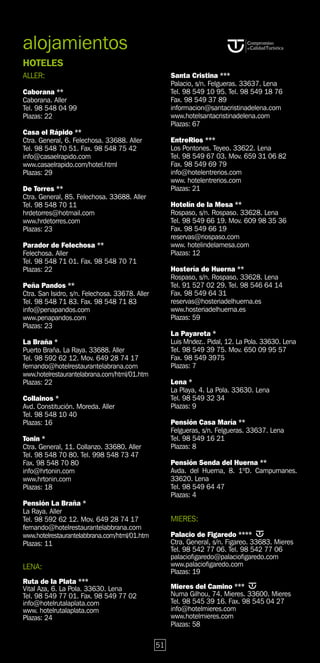 alojamientos
HOTELES
ALLER:                                                Santa Cristina ***
                                                      Palacio, s/n. Felgueras. 33637. Lena
Caborana **                                           Tel. 98 549 10 95. Tel. 98 549 18 76
Caborana. Aller                                       Fax. 98 549 37 89
Tel. 98 548 04 99                                     informacion@santacristinadelena.com
Plazas: 22                                            www.hotelsantacristinadelena.com
                                                      Plazas: 67
Casa el Rápido **
Ctra. General, 6. Felechosa. 33688. Aller             EntreRios ***
Tel. 98 548 70 51. Fax. 98 548 75 42                  Los Pontones. Teyeo. 33622. Lena
info@casaelrapido.com                                 Tel. 98 549 67 03. Mov. 659 31 06 82
www.casaelrapido.com/hotel.html                       Fax. 98 549 69 79
Plazas: 29                                            info@hotelentrerios.com
                                                      www. hotelentrerios.com
De Torres **                                          Plazas: 21
Ctra. General, 85. Felechosa. 33688. Aller
Tel. 98 548 70 11                                     Hotelín de la Mesa **
hrdetorres@hotmail.com                                Rospaso, s/n. Rospaso. 33628. Lena
www.hrdetorres.com                                    Tel. 98 549 66 19. Mov. 609 98 35 36
Plazas: 23                                            Fax. 98 549 66 19
                                                      reservas@riospaso.com
Parador de Felechosa **                               www. hotelindelamesa.com
Felechosa. Aller                                      Plazas: 12
Tel. 98 548 71 01. Fax. 98 548 70 71
Plazas: 22                                            Hostería de Huerna **
                                                      Rospaso, s/n. Rospaso. 33628. Lena
Peña Pandos **                                        Tel. 91 527 02 29. Tel. 98 546 64 14
Ctra. San Isidro, s/n. Felechosa. 33678. Aller        Fax. 98 549 64 31
Tel. 98 548 71 83. Fax. 98 548 71 83                  reservas@hosteriadelhuerna.es
info@penapandos.com                                   www.hosteriadelhuerna.es
www.penapandos.com                                    Plazas: 59
Plazas: 23
                                                      La Payareta *
La Braña *                                            Luis Mndez.. Pidal, 12. La Pola. 33630. Lena
Puerto Braña. La Raya. 33688. Aller                   Tel. 98 549 39 75. Mov. 650 09 95 57
Tel. 98 592 62 12. Mov. 649 28 74 17                  Fax. 98 549 3975
fernando@hotelrestaurantelabrana.com                  Plazas: 7
www.hotelrestaurantelabrana.com/html/01.htm
Plazas: 22                                            Lena *
                                                      La Playa, 4. La Pola. 33630. Lena
Collainos *                                           Tel. 98 549 32 34
Avd. Constitución. Moreda. Aller                      Plazas: 9
Tel. 98 548 10 40
Plazas: 16                                            Pensión Casa María **
                                                      Felgueras, s/n. Felgueras. 33637. Lena
Tonin *                                               Tel. 98 549 16 21
Ctra. General, 11. Collanzo. 33680. Aller             Plazas: 8
Tel. 98 548 70 80. Tel. 998 548 73 47
Fax. 98 548 70 80                                     Pensión Senda del Huerna **
info@hrtonin.com                                      Avda. del Huerna, 8. 1ºD. Campumanes.
www.hrtonin.com                                       33620. Lena
Plazas: 18                                            Tel. 98 549 64 47
                                                      Plazas: 4
Pensión La Braña *
La Raya. Aller
Tel. 98 592 62 12. Mov. 649 28 74 17                  MIERES:
fernando@hotelrestaurantelabbrana.com
www.hotelrestaurantelabbrana.com/html/01.htm          Palacio de Figaredo ****
Plazas: 11                                            Ctra. General, s/n. Figareo. 33683. Mieres
                                                      Tel. 98 542 77 06. Tel. 98 542 77 06
                                                      palaciofigaredo@palaciofigaredo.com
LENA:                                                 www.palaciofigaredo.com
                                                      Plazas: 19
Ruta de la Plata ***
Vital Aza, 6. La Pola. 33630. Lena                    Mieres del Camino ***
Tel. 98 549 77 01. Fax. 98 549 77 02                  Numa Gilhou, 74. Mieres. 33600. Mieres
info@hotelrutalaplata.com                             Tel. 98 545 39 16. Fax. 98 545 04 27
www. hotelrutalaplata.com                             info@hotelmieres.com
Plazas: 24                                            www.hotelmieres.com
                                                      Plazas: 58

                                                 51
 