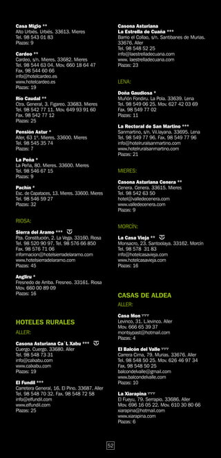 Casa Migio **                                       Casona Asturiana
Alto Urbiés. Urbiés. 33613. Mieres                  La Estrella de Cuaña ***
Tel. 98 543 01 83                                   Barrio el Collao, s/n. Santibanes de Murias.
Plazas: 9                                           33676. Aller
                                                    Tel. 98 548 52 25
Cardeo **                                           info@laestrelladecuana.com
Cardeo, s/n. Mieres. 33682. Mieres                  www. laestrelladecuana.com
Tel. 98 544 63 04. Mov. 660 18 64 47                Plazas: 23
Fax. 98 544 60 66
info@hotelcardeo.es
www.hotelcardeo.es                                  LENA:
Plazas: 19
                                                    Doña Gaudiosa *
Río Caudal **                                       Muñón Fondiru. La Pola. 33639. Lena
Ctra. General, 3. Figareo. 33683. Mieres            Tel. 98 549 06 25. Mov. 627 42 03 69
Tel. 98 542 77 11. Mov. 649 93 91 60                Fax. 98 549 77 02
Fax. 98 542 77 12                                   Plazas: 11
Plazas: 25
                                                    La Rectoral de San Martino ***
Pensión Astur *                                     Sanmartino, s/n. Vil.layana. 33695. Lena
Aller, 63 1º. Mieres. 33600. Mieres                 Tel. 98 549 77 96. Fax. 98 549 77 96
Tel. 98 545 35 74                                   info@hotelruralsanmartino.com
Plazas: 7                                           www.hotelruralsanmartino.com
                                                    Plazas: 21
La Peña *
La Peña, 80. Mieres. 33600. Mieres
Tel. 98 546 67 15                                   MIERES:
Plazas: 9
                                                    Casona Asturiana Cenera **
Pachín *                                            Cenera. Cenera. 33615. Mieres
Esc. de Capataces, 13. Mieres. 33600. Mieres        Tel. 98 542 63 50
Tel. 98 546 59 27                                   hotel@valledecenera.com
Plazas: 32                                          www.valledecenera.com
                                                    Plazas: 9

RIOSA:
                                                    MORCÍN:
Sierra del Aramo ***
Pza. Constitución, 2. La Vega. 33160. Riosa         La Casa Vieja **
Tel. 98 520 90 97. Tel. 98 576 66 850               Monsacro, 23. Santoolaya. 33162. Morcín
Fax. 98 576 71 06                                   Tel. 98 578 31 83
informacion@hotelsierradelaramo.com                 info@hotelcasavieja.com
www.hotelsierradelaramo.com                         www.hotelcasavieja.com
Plazas: 45                                          Plazas: 16

Angliru *
Fresnedo de Arriba. Fresneo. 33161. Riosa
Mov. 660 00 89 09
Plazas: 16                                          CASAS DE ALDEA
                                                    ALLER:
                                                    Casa Mon
HOTELES RURALES                                     Levinco, 31. L.levinco. Aller
                                                    Mov. 666 65 39 37
ALLER:                                              montsypast@hotmail.com
                                                    Plazas: 4
Casona Asturiana Ca´L Xabu ***
Cuergo. Cuergo. 33680. Aller                        El Balcón del Valle
Tel. 98 548 73 31                                   Carrera Cima, 79. Murias. 33676. Aller
info@calxabu.com                                    Tel. 98 548 50 25. Mov. 626 46 97 34
www.calxabu.com                                     Fax. 98 548 50 25
Plazas: 19                                          balcondelvalle@gmail.com
                                                    www.balcondelvalle.com
El Fundil ***                                       Plazas: 10
Carretera General, 16. El Pino. 33687. Aller
Tel. 98 548 70 32. Fax. 98 548 72 58                La Xiarapina
info@elfundil.com                                   El Fueyu, 79. Serrapio. 33686. Aller
www.elfundil.com                                    Mov. 696 16 05 22. Mov. 610 30 80 66
Plazas: 25                                          xiarapina@hotmail.com
                                                    www.xiarapina.com
                                                    Plazas: 6



                                               52
 