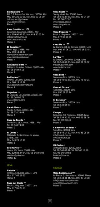 Baldevenero                                       Casa Güela
P 0,3. Entrepeñas. Col.lanzo. 33680. Aller
 .K.                                              Samiguel del Río. 33693. Lena
Mov. 691 21 59 06. Mov. 665 00 95 99              Tel. 98 546 37 97. Mov. 669 46 94 09
baldevenero@yahoo.es                              Fax. 98 546 37 97
www.baldevenero.es                                info@casaguela.net
Plazas: 6                                         www.casaguela.net
                                                  Plazas: 6
Casa Cándido
Casomera. Casomera. 33681. Aller                  Casa Pequeña
Mov. 659 90 92 45. Mov. 618 90 63 64              Piridil.lu. Felgueras. 33637. Lena
elitegarciaf@yahoo.es                             Mov. 677 65 28 65
www.casacandido.es                                Plazas: 4
Plazas: 8
                                                  Casa Ma
El Corralón                                       La Corrona, 34. La Corrona. 33639. Lena
Bello. Beyo. 33686. Aller                         Mov. 696 34 08 03. Mov. 679 18 33 01
Mov. 699 14 61 87                                 Plazas: 6
marina@casaelcorralon.com
www.casaelcorralon.com                            La Tilar
Plazas: 4                                         La Cortina. La Cortina. 33628. Lena
                                                  Tel. 98 549 67 03. Mov. 659 31 06 82
La Escuela Cima                                   traslacruz@foros.com
Pelúgano de Arriba. Pel.luno. 33686. Aller        www.traslacruz.com
Tel. 98 548 64 15                                 Plazas: 4
Plazas: 4
                                                  Casa Lena
La Fayona                                         Xomezana Riba. 33629. Lena
Piñeres. La Sierra. 33686. Aller                  Tel. 98 549 65 27. Mov. 690 75 79 31
Mov. 660 19 11 37                                 Plazas: 4
www.asturismo.com/lafayona
Plazas: 4                                         Casa el Páxaru
                                                  Tuiza Riba. 33620. Lena
Vegacima                                          Mov. 630 24 82 74
La Linariega. La L.lnariega. 33670. Aller         Plazas: 4
Tel. 98 548 02 78
www.vegacima.com                                  El Corralón
Plazas: 6                                         Xomezana Riba. 33629. Lena
                                                  Tel. 98 549 64 28
Ca mi Güela                                       Plazas: 2
Rueda, 6. Ruea. 33677. Aller
Tel. 98 524 29 08                                 Enrique
Plazas: 4                                         Felgueras, 13. Felgueras. 33637. Lena
                                                  Tel. 98 539 30 46. Mov. 609 23 98 06
Casa La Fuente                                    Fax. 98 539 30 46
Cimalavilla, 18. L.lamas. 33681. Aller            Plazas: 5
Tel. 98 548 74 62
Plazas: 2                                         La Rectoral de Tuiza
                                                  Tuiza Riba. 33628. Lena
El Collao                                         Tel. 98 545 14 20. Mov. 639 83 05 98
El Collado, 6. Santibanes de Murias.              info@turasturias.es
33676. Aller                                      www.turasturias.es
Mov. 649 29 15 99                                 Plazas: 5
Plazas: 3
                                                  Mi Casina
Les Martes                                        Xomezana Baxo. 33629. Lena
Llanos, 45. Yanos. 33687. Aller                   Tel. 98 540 07 87. Tel. 98 540 19 88
Mov. 629 88 34 94. Fax. 98 548 66 02              Fax. 98 540 19 88
violetsol@yahoo.es                                hsablon@fade.es
Plazas: 13                                        Plazas: 6


LENA:
                                                  MIERES:
Cabaña
Piridil.lu. Felgueras. 33637. Lena                Casa Encarnación
Mov. 677 65 28 65                                 La Planta, 3. Santumiano. 33600. Mieres
Plazas: 4                                         Tel. 98 544 41 41. Mov. 696 47 98 08
                                                  info@casaencarnacion.com
Casa del Medio                                    www.casaencarnacion.com
Piridil.lu. Felgueras. 33637. Lena                Plazas: 5
Mov. 677 65 28 65
Plazas: 4



                                             53
 