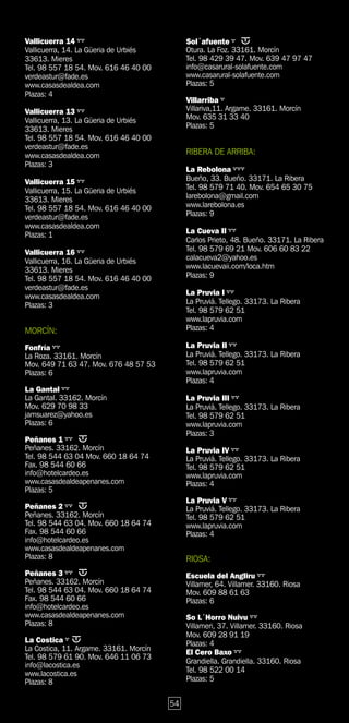 Vallicuerra 14                               Sol´afuente
Vallicuerra, 14. La Güeria de Urbiés         Otura. La Foz. 33161. Morcín
33613. Mieres                                Tel. 98 429 39 47. Mov. 639 47 97 47
Tel. 98 557 18 54. Mov. 616 46 40 00         info@casarural-solafuente.com
verdeastur@fade.es                           www.casarural-solafuente.com
www.casasdealdea.com                         Plazas: 5
Plazas: 4
                                             Villarriba
Vallicuerra 13                               Villariva,11. Argame. 33161. Morcín
Vallicuerra, 13. La Güeria de Urbiés         Mov. 635 31 33 40
33613. Mieres                                Plazas: 5
Tel. 98 557 18 54. Mov. 616 46 40 00
verdeastur@fade.es
www.casasdealdea.com                         RIBERA DE ARRIBA:
Plazas: 3
                                             La Rebolona
Vallicuerra 15                               Bueño, 33. Bueño. 33171. La Ribera
Vallicuerra, 15. La Güeria de Urbiés         Tel. 98 579 71 40. Mov. 654 65 30 75
33613. Mieres                                larebolona@gmail.com
Tel. 98 557 18 54. Mov. 616 46 40 00         www.larebolona.es
verdeastur@fade.es                           Plazas: 9
www.casasdealdea.com
Plazas: 1                                    La Cueva II
                                             Carlos Prieto, 48. Bueño. 33171. La Ribera
Vallicuerra 16                               Tel. 98 579 69 21 Mov. 606 60 83 22
Vallicuerra, 16. La Güeria de Urbiés         calacueva2@yahoo.es
33613. Mieres                                www.lacuevaii.com/loca.htm
Tel. 98 557 18 54. Mov. 616 46 40 00         Plazas: 9
verdeastur@fade.es
www.casasdealdea.com                         La Pruvia I
Plazas: 3                                    La Pruviá. Tellego. 33173. La Ribera
                                             Tel. 98 579 62 51
                                             www.lapruvia.com
MORCÍN:                                      Plazas: 4

Fonfría                                      La Pruvia II
La Roza. 33161. Morcín                       La Pruviá. Tellego. 33173. La Ribera
Mov. 649 71 63 47. Mov. 676 48 57 53         Tel. 98 579 62 51
Plazas: 6                                    www.lapruvia.com
                                             Plazas: 4
La Gantal
La Gantal. 33162. Morcín                     La Pruvia III
Mov. 629 70 98 33                            La Pruviá. Tellego. 33173. La Ribera
jamsuarez@yahoo.es                           Tel. 98 579 62 51
Plazas: 6                                    www.lapruvia.com
                                             Plazas: 3
Peñanes 1
Peñanes. 33162. Morcín                       La Pruvia IV
Tel. 98 544 63 04 Mov. 660 18 64 74          La Pruviá. Tellego. 33173. La Ribera
Fax. 98 544 60 66                            Tel. 98 579 62 51
info@hotelcardeo.es                          www.lapruvia.com
www.casasdealdeapenanes.com                  Plazas: 4
Plazas: 5
                                             La Pruvia V
Peñanes 2                                    La Pruviá. Tellego. 33173. La Ribera
Peñanes. 33162. Morcín                       Tel. 98 579 62 51
Tel. 98 544 63 04. Mov. 660 18 64 74         www.lapruvia.com
Fax. 98 544 60 66                            Plazas: 4
info@hotelcardeo.es
www.casasdealdeapenanes.com
Plazas: 8                                    RIOSA:
Peñanes 3                                    Escuela del Angliru
Peñanes. 33162. Morcín                       Villamer, 64. Villamer. 33160. Riosa
Tel. 98 544 63 04. Mov. 660 18 64 74         Mov. 609 88 61 63
Fax. 98 544 60 66                            Plazas: 6
info@hotelcardeo.es
www.casasdealdeapenanes.com                  So L´Horro Nuivu
Plazas: 8                                    Villameri, 37. Villamer. 33160. Riosa
                                             Mov. 609 28 91 19
La Costica                                   Plazas: 4
La Costica, 11. Argame. 33161. Morcín        El Cero Baxo
Tel. 98 579 61 90. Mov. 646 11 06 73
                                             Grandiella. Grandiella. 33160. Riosa
info@lacostica.es
www.lacostica.es                             Tel. 98 522 00 14
Plazas: 8                                    Plazas: 5


                                        54
 
