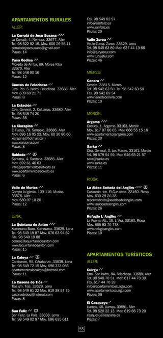 APARTAMENTOS RURALES                                 Fax. 98 549 02 97
                                                     info@sanfeliz.es
ALLER:                                               www.sanfeliz.es
                                                     Plazas: 20
La Corralá de Jose Susana
La Corralá, 4. Nembra. 33677. Aller                  Valle Zurea
Tel. 98 522 52 19. Mov. 600 29 56 11                 Vel.le Zurea. Zurea. 33629. Lena
corraladejosesusana@gmail.com                        Tel. 98 549 63 89 Mov. 637 44 13 66
Plazas: 14                                           info@turyastur.com
                                                     www.turyastur.com
Casa Godina                                          Plazas: 46
Moreda de Arriba, 89. Morea Riba
33670. Aller
Tel. 98 548 00 16                                    MIERES:
Plazas: 12
                                                     Cenera
Cuevas de Felechosa                                  Cenera. 33615. Mieres
Ctra. Pto. S. Isidro. Felechosa. 33688. Aller        Tel. 98 542 63 50. Tel. 98 542 63 50
Mov. 639 69 21 71                                    Fax. 98 542 69 54
Plazas: 8                                            www.valledecenera.com
                                                     Plazas: 10
La Estación
Ctra. General, 2. Col.lanzo. 33680. Aller
Tel. 98 548 74 20                                    MORCÍN:
Plazas: 36
                                                     Argame
La Xiarapina                                         Costica, 1. Argame. 33163. Morcín
El Fueyu, 79. Serrapio. 33686. Aller                 Mov. 617 97 80 05. Mov. 666 55 15 16
Mov. 696 16 05 22. Mov. 60 30 80 66                  www.apartamentosargame.com
xiarapina@hotmail.com                                Plazas: 20
www.xiarapina.com
Plazas: 8                                            Sarka
                                                     Ctra. General, 3. Les Maces. 33161. Morcín
Robledo                                              Tel. 98 579 54 59. Mov. 646 65 21 57
Santana, 4. Santana. 33685. Aller                    sara@sarka.es
Mov. 692 61 46 63                                    www.sarka.es
info@apartamentosrobledo.es                          Plazas: 11
www.apartamentosrobledo.es
Plazas: 6
                                                     RIOSA:

Valle de Murias                                      La Aldea Soñada del Angliru
Campo la iglesia, 109-110. Murias.                   Curuxedo, s/n. El Curuxedo. 33160. Riosa
33676. Aller                                         Mov. 630 29 20 38
Mov. 689 07 10 20                                    reservashotel@laaldeadelangliru.com
Plazas: 12                                           www.laaldeadelangliru.com
                                                     Plazas: 26

LENA:                                                Refugio L´Angliru
                                                     La Puente Alt., 10. L´Ara. 33160. Riosa
La Quintana de Antón                                 Mov. 665 83 70 778
Xomezana Baxo. Xomezana. 33629. Lena                 www.refugioangliru.com
Tel. 98 540 19 87 Mov. 676 63 94 62                  Plazas: 10
Fax. 98 540 19 88
correo@laquintanadeanton.com
www.laquintanadeanton.com
Plazas: 15
                                                     APARTAMENTOS TURÍSTICOS
La Caleya
Carabanzo, 95. CArabanzo. 33638. Lena                ALLER:
Tel. 98 549 72 15 Mov. 696 373 066
apartamentoslacaleya@hotmail.com                     Cuirgu
Plazas: 11                                           Ctra. San Isidro, 84. Felechosa. 33688. Aller
                                                     Tel. 98 548 70 51. Mov. 617 44 70 39
La Casona de Tiós                                    Fax. 617 44 70 39
Tiós s/n. Tiós. 33629. Lena                          info@apartamentoscuirgu.com
Tel. 98 549 61 22 Mov. 619 38 57 75                  www.apartamentoscuirgu.com
casonadetios@hotmail.com                             Plazas: 36
Plazas: 8
                                                     El Casqueyu
                                                     Llamas, 46. Llamas. 33681. Aller
San Feliz                                            Tel. 98 520 22 13. Mov. 619 66 73 20
San Feliz. La Pola. 33638. Lena                      casqueyu@iespana.es
Tel. 98 549 02 97 Mov. 696 635 611                   Plazas: 7

                                                55
 