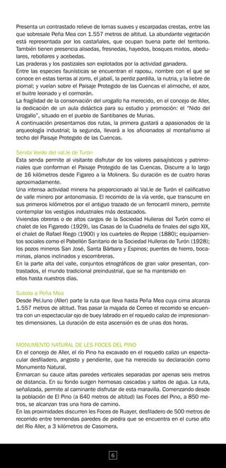 Presenta un contrastado relieve de lomas suaves y escarpadas crestas, entre las
que sobresale Peña Mea con 1.557 metros de altitud. La abundante vegetación
está representada por los castañales, que ocupan buena parte del territorio.
También tienen presencia alisedas, fresnedas, hayedos, bosques mixtos, abedu-
lares, rebollares y acebedas.
Las praderas y los pastizales son explotados por la actividad ganadera.
Entre las especies faunísticas se encuentran el raposu, nombre con el que se
conoce en estas tierras al zorro, el jabalí, la perdiz pardilla, la nutria, y la liebre de
piornal; y vuelan sobre el Paisaje Protegido de las Cuencas el alimoche, el azor,
el buitre leonado y el cormorán.
La fragilidad de la conservación del urogallo ha merecido, en el concejo de Aller,
la dedicación de un aula didáctica para su estudio y promoción: el “Nido del
Urogallo”, situado en el pueblo de Santibanes de Murias.
A continuación presentamos dos rutas, la primera gustará a apasionados de la
arqueología industrial; la segunda, llevará a los aficionados al montañismo al
techo del Paisaje Protegido de las Cuencas.

Senda Verde del val.le de Turón
Esta senda permite al visitante disfrutar de los valores paisajísticos y patrimo-
niales que conforman el Paisaje Protegido de las Cuencas. Discurre a lo largo
de 16 kilómetros desde Figareo a la Molinera. Su duración es de cuatro horas
aproximadamente.
Una intensa actividad minera ha proporcionado al Val.le de Turón el calificativo
de valle minero por antonomasia. El recorrido de la vía verde, que transcurre en
sus primeros kilómetros por el antiguo trazado de un ferrocarril minero, permite
contemplar los vestigios industriales más destacados.
Viviendas obreras o de altos cargos de la Sociedad Hulleras del Turón como el
chalet de los Figaredo (1929), las Casas de la Cuadriella de finales del siglo XIX,
el chalet de Rafael Riego (1900) y los cuarteles de Repipe (1880); equipamien-
tos sociales como el Pabellón Sanitario de la Sociedad Hulleras de Turón (1928);
los pozos mineros San José, Santa Bárbara y Espinos; puentes de hierro, boca-
minas, planos inclinados y escombreras.
En la parte alta del valle, conjuntos etnográficos de gran valor presentan, con-
trastados, el mundo tradicional preindustrial, que se ha mantenido en
ellos hasta nuestros días.

Subida a Peña Mea
Desde Pel.luno (Aller) parte la ruta que lleva hasta Peña Mea cuya cima alcanza
1.557 metros de altitud. Tras pasar la majada de Cerreo el recorrido se encuen-
tra con un espectacular ojo de buey labrado en el roquedo calizo de impresionan-
tes dimensiones. La duración de esta ascensión es de unas dos horas.


MONUMENTO NATURAL DE LES FOCES DEL PINO
En el concejo de Aller, el río Pino ha excavado en el roquedo calizo un especta-
cular desfiladero, angosto y pendiente, que ha merecido su declaración como
Monumento Natural.
Enmarcan su cauce altas paredes verticales separadas por apenas seis metros
de distancia. En su fondo surgen hermosas cascadas y saltos de agua. La ruta,
señalizada, permite al caminante disfrutar de esta maravilla. Comenzando desde
la población de El Pino (a 640 metros de altitud) las Foces del Pino, a 850 me-
tros, se alcanzan tras una hora de camino.
En las proximidades discurren les Foces de Ruayer, desfiladero de 500 metros de
recorrido entre tremendas paredes de piedra que se encuentra en el curso alto
del Río Aller, a 3 kilómetros de Casomera.




                                            6
 