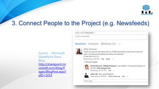 3. Connect People to the Project (e.g. Newsfeeds)

Source … Microsoft
SharePoint Team
Blog:
http://sharepoint.mi
crosoft.com/blog/P
ages/BlogPost.aspx?
pID=1014

 