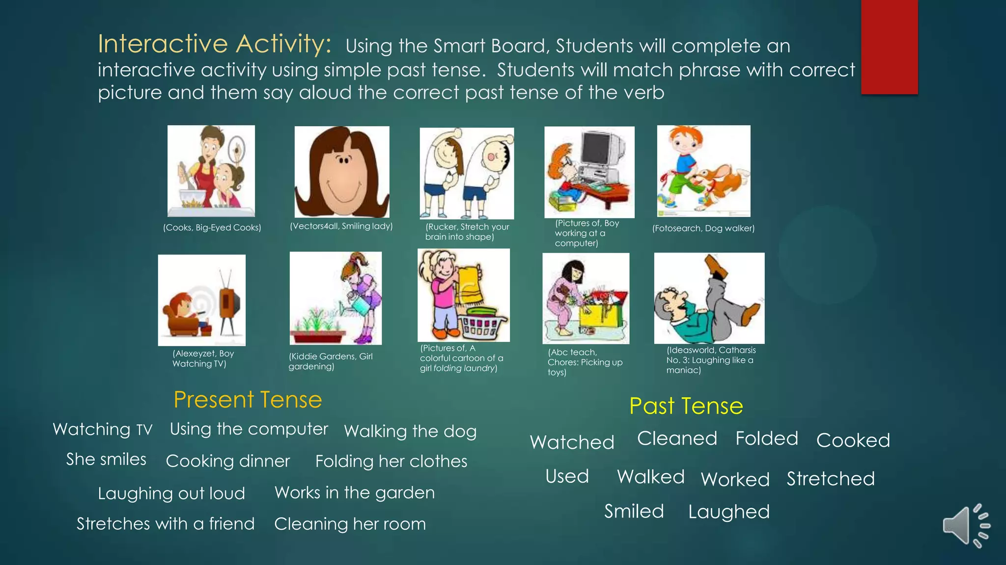 Interactive Activity: Using the Smart Board, Students will complete an
interactive activity using simple past tense. Students will match phrase with correct
picture and them say aloud the correct past tense of the verb
Present Tense Past Tense
Watched Cleaned
Used
Folded
Walked Worked Stretched
Cooked
Smiled Laughed
Watching TV Using the computer Walking the dog
She smiles Cooking dinner Folding her clothes
Laughing out loud Works in the garden
Stretches with a friend Cleaning her room
(Cooks, Big-Eyed Cooks)
(Alexeyzet, Boy
Watching TV)
(Fotosearch, Dog walker)
(Kiddie Gardens, Girl
gardening)
(Pictures of, A
colorful cartoon of a
girl folding laundry)
(Abc teach,
Chores: Picking up
toys)
(Rucker, Stretch your
brain into shape)
(Pictures of, Boy
working at a
computer)
(Ideasworld, Catharsis
No. 3: Laughing like a
maniac)
(Vectors4all, Smiling lady)
 