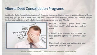 Alberta Debt Consolidation Programs
Looking for Debt Consolidation in Alberta? Exploring debt consolidation loans at McGuire Financial Group
may help you get out of debt faster. We are a Canadian based business, owned by Canadian people.
Reduce your debt stress with a Debt Consolidation program held over Alberta.
McGuire Financial group help you
determine exactly what you owe and to
whom.
It identify your expenses and consider the
best possible options to eliminate your
debt.
Then, It will tell you your options and your
rights - yes, you have rights!
McGuire Financial Group © 2011 | 6005 Gateway Blvd. Edmonton, Alberta T6H 2H3
 