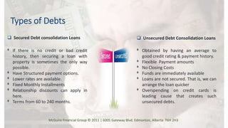 Types of Debts
 Secured Debt consolidation Loans  Unsecured Debt Consolidation Loans
McGuire Financial Group © 2011 | 6005 Gateway Blvd. Edmonton, Alberta T6H 2H3
ᶲ Obtained by having an average to
good credit rating & payment history.
ᶲ Flexible Payment amounts
ᶲ No Closing Costs
ᶲ Funds are immediately available
ᶲ Loans are not secured. That is, we can
arrange the loan quicker
ᶲ Overspending on credit cards is
leading cause that creates such
unsecured debts.
ᶲ If there is no credit or bad credit
history, then securing a loan with
property is sometimes the only way
possible.
ᶲ Have Structured payment options.
ᶲ Lower rates are available.
ᶲ Fixed Monthly Installments
ᶲ Relationship discounts can apply in
here.
ᶲ Terms from 60 to 240 months.
 